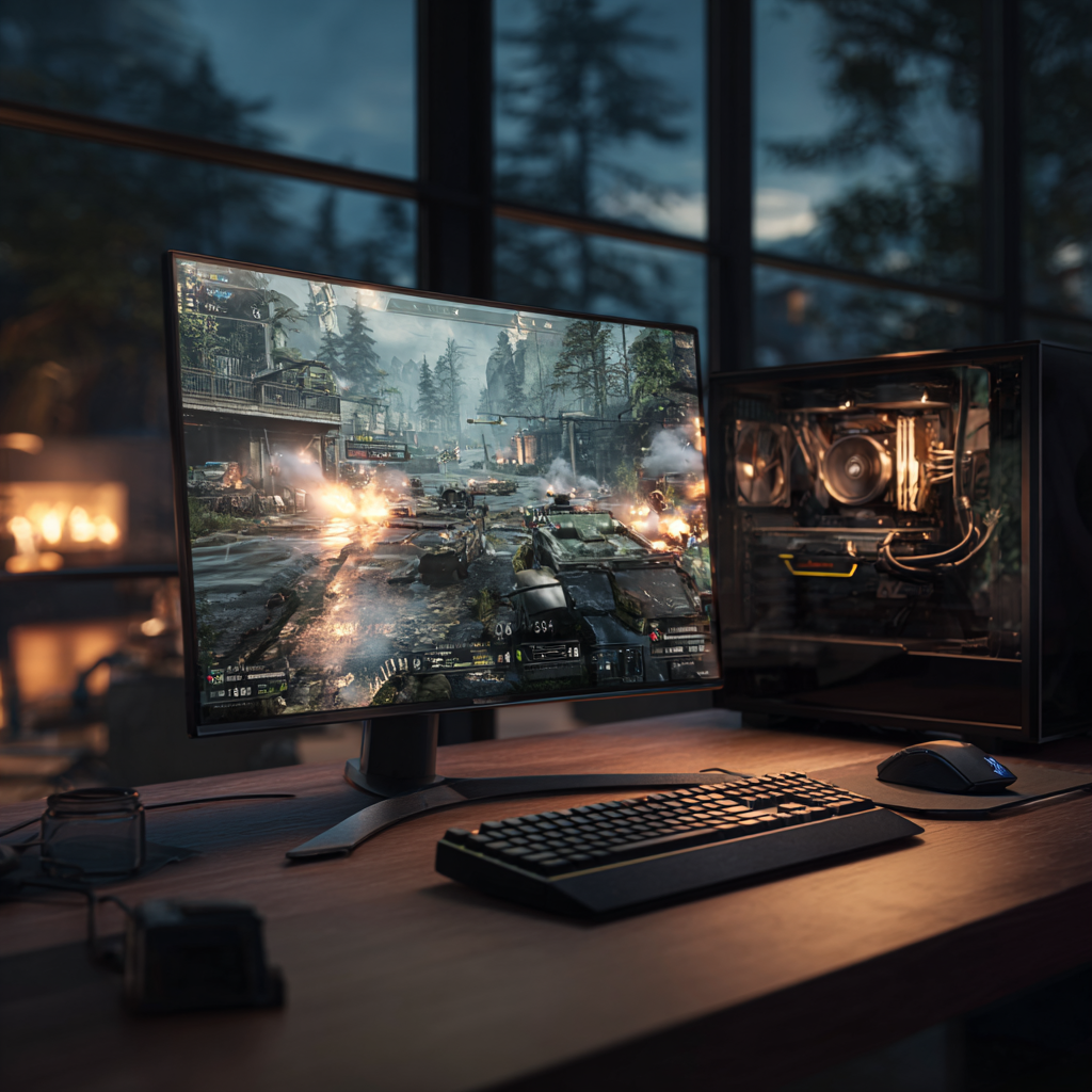 Futuristic gaming PC scene showing a high-end graphics card rendering a photorealistic game environment with advanced AI lighting Caption: Nvidia says DLSS 5 will arrive in fall 2026 as it pushes AI-driven lighting and materials into mainstream PC gaming